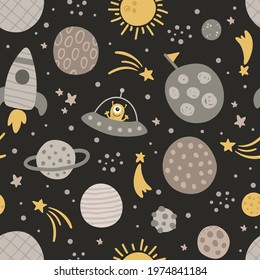 vector seamless pattern, cute space with stars, planets and alien, perfect for children related surface design