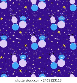 Vector seamless pattern with cute space aliens or monsters, happy and angry cosmic childrens characters on planets.
