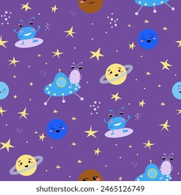 Vector seamless pattern with cute space aliens or monsters, spaceships ufo, happy and angry cosmic childrens characters and planets.
