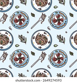 vector seamless pattern with cute spasta. illustration with outline italian food