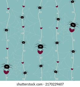 Vector seamless pattern with cute spiders, hearts and spider webs on blue background. Doodle kids background. Vector repeating print for fabrics, paper, textile, gift wrap, banners or other web design