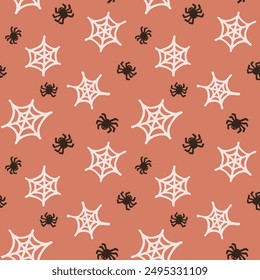 Vector seamless pattern with cute spiders and cobweb. For Halloween  wallpapers, prints, gift wrap paper. 