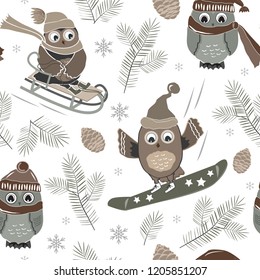 Vector seamless pattern with cute sport owls and fir trees