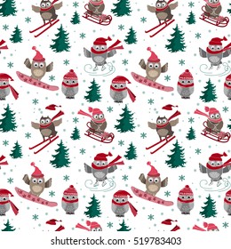 Vector seamless pattern with cute sport owls
