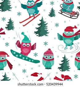 Vector seamless pattern with cute sport owls and fir trees