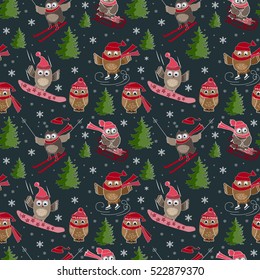 Vector seamless pattern with cute sport owls