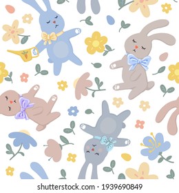 vector seamless pattern. cute spring cartoon gardeners bunnies, plants and flowers. Happy Easter. flat illustration. for baby clothes, fabrics, bed linen, wallpaper, wrapping paper
