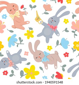 vector seamless pattern. cute spring cartoon gardeners bunnies, plants and flowers. flat illustration. for newbaby clothes, fabrics, bed linen, wallpaper, wrapping paper