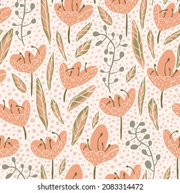 Vector seamless pattern with cute spring flowers.