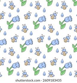 vector seamless pattern with cute spring flowers, fly and water drop. kids pattern, paper, fabric