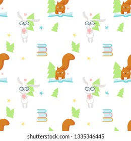 Vector seamless pattern with cute squirrel and bunny reading books. Funny reading animals background, wallpaper, fabric, wrapping paper.