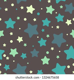 Vector seamless pattern. Cute pattern with stars. Pattern with green and mint stars on chocolate background.