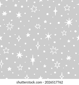 Vector seamless pattern with cute stars, sparkles and dots. Hand drawn, doodle style. Design for fabric, wrapping, stationery, wallpaper, textile.