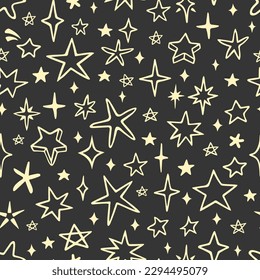 Vector seamless pattern with cute stars and sparkles. Hand drawn, doodle style. Design for fabric, wrapping, stationery, wallpaper, textile.