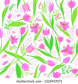 Vector seamless pattern of cute stylish tulips. Spring illustration.