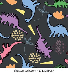 Vector seamless pattern with cute stylized dinosaurs and prehistoric plants. Suitable for printing wrapping paper, textiles or invitations to children's events.