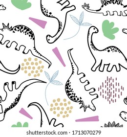Vector seamless pattern with cute stylized dinosaurs and prehistoric plants.  