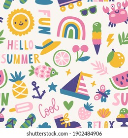 Vector seamless pattern with cute summer doodles: summer food, fruits, crab, sun, rainbow, roller skate. Bright summertime repeated texture. Swatch for kids textile and wrapping paper.