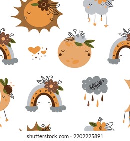 Vector seamless pattern with cute sun, moon, magic rainbows, cloud. Heavenly background for fabric design, packaging, nursery decoration.