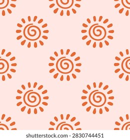 Vector seamless pattern of cute sun icons on a light pink background. Minimalist geometric various design sun elements.
