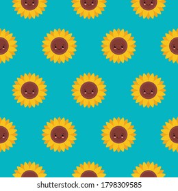 Vector seamless pattern with cute sunflowers on blue. Sweet honey background for beekeeping products.