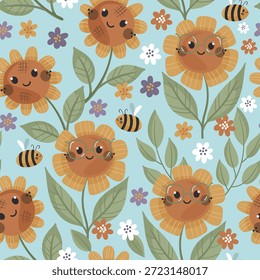 Vetor padrão sem emenda com girassóis bonitos e abelhas no fundo azul. Perfeito para crianças tecido, papel e projetos de presente