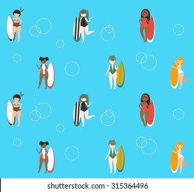 Vector seamless pattern of cute surfing girl on blue background.
