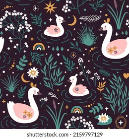 Patrón vectorial sin fisuras con cisnes bonitos, flores, arcos y estrellas. La textura natural repetida con aves suaves. Impresión infantil para tela y papel envolvente. Niños adornados con personajes de caricatura