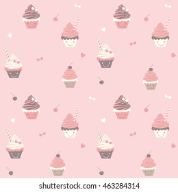 Vector seamless pattern of cute sweet cupcakes on pink pastel background colors.