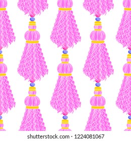 Vector seamless pattern.  Cute tassels from thread, yarn with beads, breads, strings, rope. Celebrating, funny design, punch pastel colors, blue, yellow, green, pink, lilac. Perfect for kids design