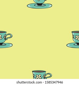 Vector seamless pattern with cute tea cup. Colorful image on green background. Design for Greeting cards, Scrapbooking, wallpaper, Textile, Wrapping paper, Invitations.