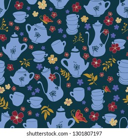 Vector of seamless pattern with cute teacups and teapots having party in a garden at midnight. Hand-drawn in whimsical style. Perfect design for home decoration,  wrapper, or textile/ fabric.