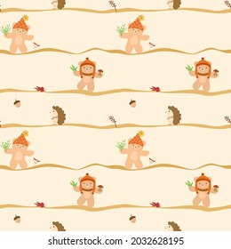 Vector - Seamless pattern of cute Teddy bear, porcupine, maple leaves, flower on light orange background. Autumn, fall season. Can be use for print, paper, fabric, backdrop, wrapping.