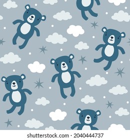 Vector seamless pattern with cute teddy bears, clouds, and stars. Kids repeated texture with cartoon characters. Childish print for fabric and wrapping paper. Nursery design with stuffed toys.