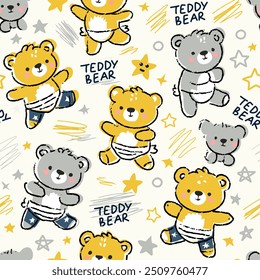 Vetor padrão sem emenda com bonitos ursos de pelúcia, estrelas e rabiscos. Fundo infantil com pequeno urso. Vetor bebê animais engraçados Desenho para tecido Impressão para crianças. Cores amarelas, cinzentas e brancas