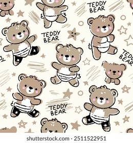 Vector seamless pattern with Cute Teddy Bears, stars and doodles. Childish Background with Little Bear. Vector Baby Funny Animals Drawing for fabric Print for Kids. Yellow, Gray and White Colors