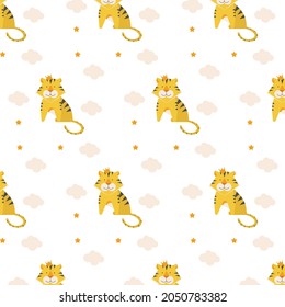 Vector seamless pattern with cute tiger with crown on the head. Flat vector illustration in cartoon style. Great design for any purpose.