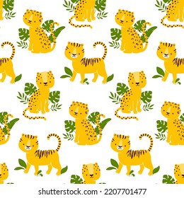 Vector seamless pattern with cute tiger, cheetah and leopard