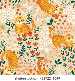 Vector seamless pattern with cute tiger and botanical elements. Hand drawn illustration with cartoon style for print, fabric, textile.