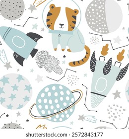 Vector seamless pattern with cute tiger astronaut, planets, rocket, constellations and stars. Space adventure. Cosmos. Creative kids texture for fabric, wrapping, textile, wallpaper. Nursery. 