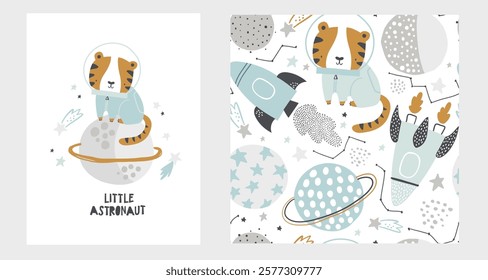 Vector seamless pattern with cute tiger astronaut, planets, rocket, constellations and stars. Space adventure. Cosmos. Creative kids texture for fabric, wrapping, textile, wallpaper. Nursery. 