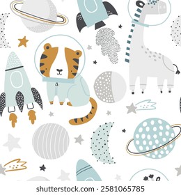 Vector seamless pattern with cute tiger and giraffe astronauts, planets, rocket, constellations and stars. Space adventure. Cosmos. Creative kids texture for fabric, wrapping, textile, wallpaper. 