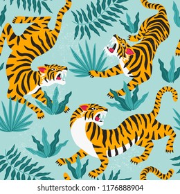 Vector seamless pattern with cute tigers on background. Circus animal show. Fashionable fabric design.