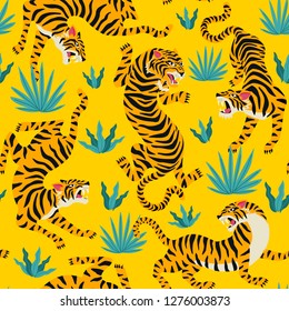 Vector seamless pattern with cute tigers on background. Circus animal show. Fashionable fabric design.