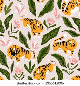Vector seamless pattern with cute tigers and tropical leaves and flowers. Cute natural repeat background. Fashionable fabric design