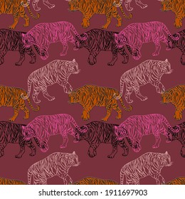 Vector seamless pattern with cute tigers on the marsala background. Circus animal show. Fashionable fabric design.Trendy style. For social networks, websites. Perfect for fabrics, 