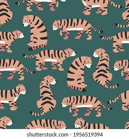 Vector seamless pattern with cute tigers on green background. Doodle wild animals. Jungle illustration. Ideal for fabrics, textile, wallpapers and print.
