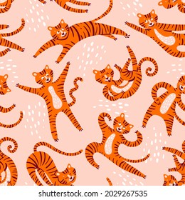 Vector seamless pattern with cute tigers in movements. Colorful background on the theme of wild nature and animals