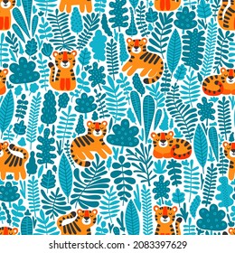 Vector seamless pattern with cute tigers and plants. Jungle background for kids. Orange animals in green leaves. Illustration in flat style.