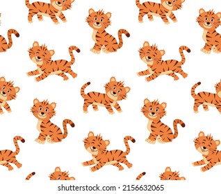 Vector seamless pattern with cute tigers. Fashionable fabric design.